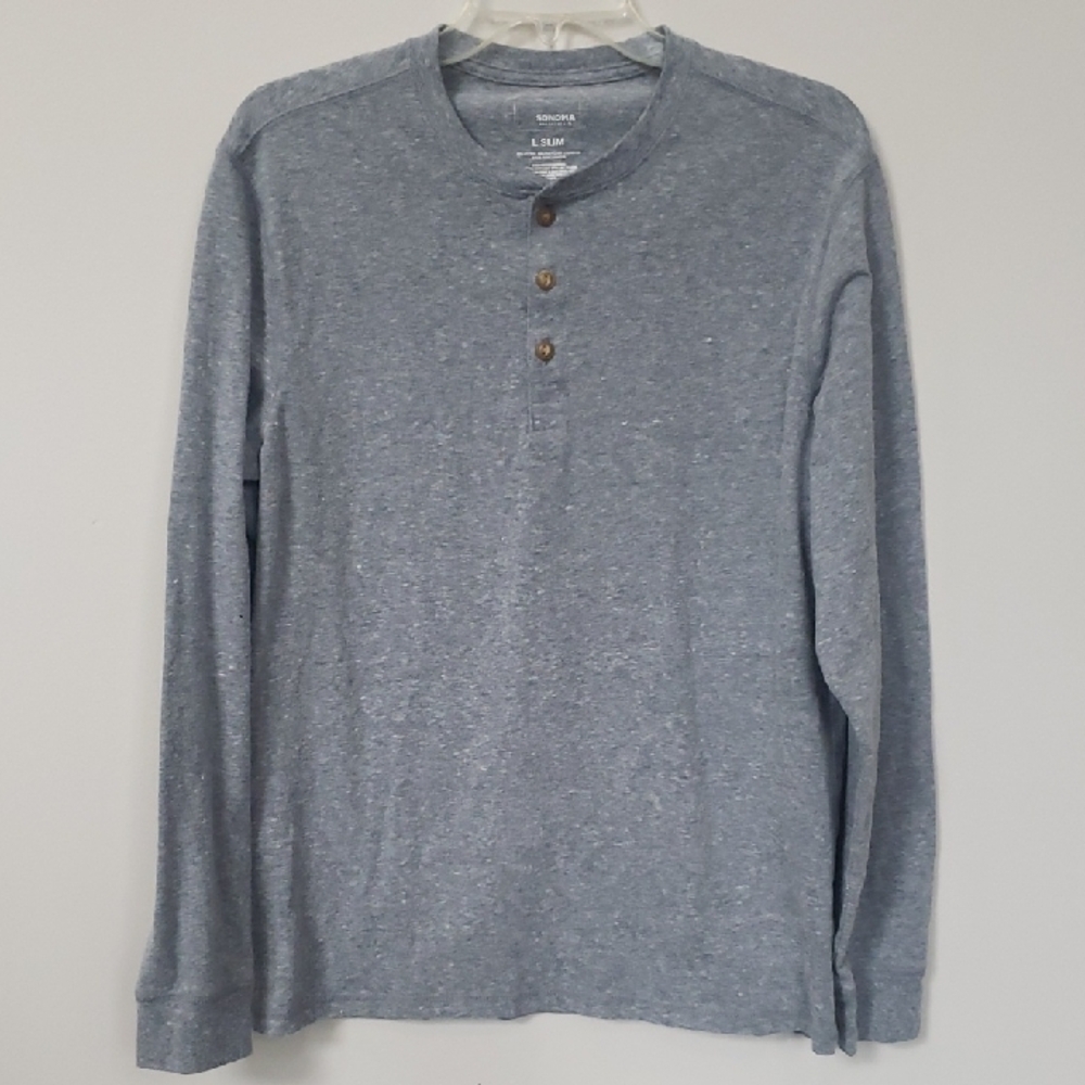 Sonoma Shirt Men's L Slim Heather Gray 3 Button Knit Henley Base Layer Casual